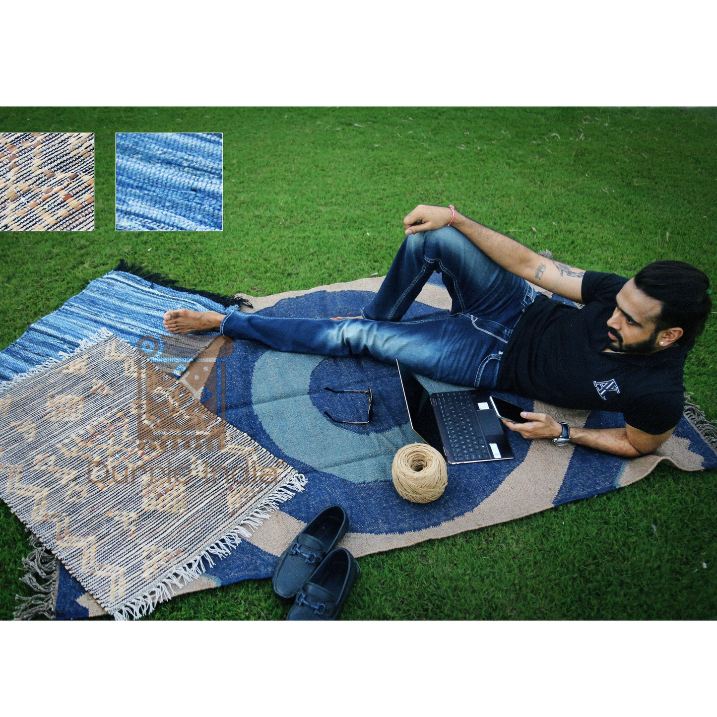 Man lying on the Evil Eye Rug