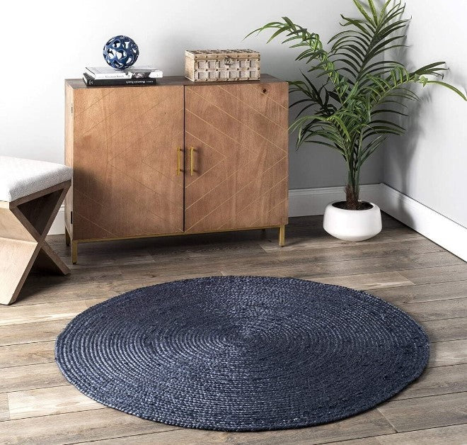 Handwoven Braided Round Jute Rug, Area Rug, Natural Reversible Rugs for Kitchen Living Room Entryway Eco Friendly Rugs: Blue