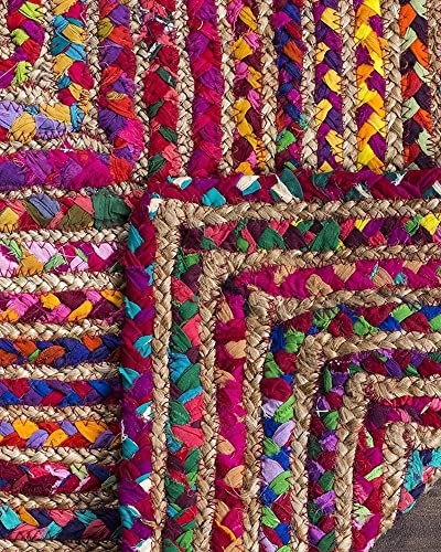 Durrie India Reversible Chindi Area Rug Cotton and Jute Handmade Braided Mat Multicolor Boho Accent Area Rugs