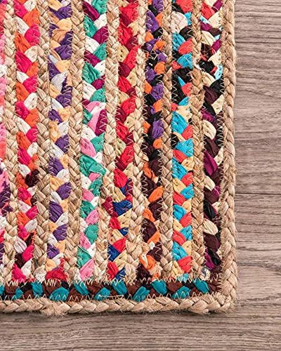 Durrie India Reversible Chindi Area Rug Cotton and Jute Handmade Braided Mat Multicolor Boho Accent Area Rugs