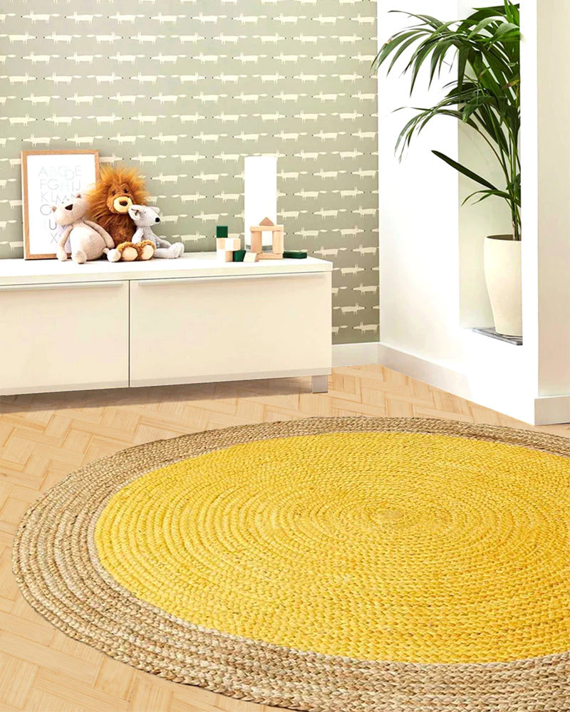 Handwoven Braided Round Jute Rug, Area Rug, Natural Reversible Rugs for Kitchen Living Room Entryway Eco Friendly Rugs: Yellow and Beige