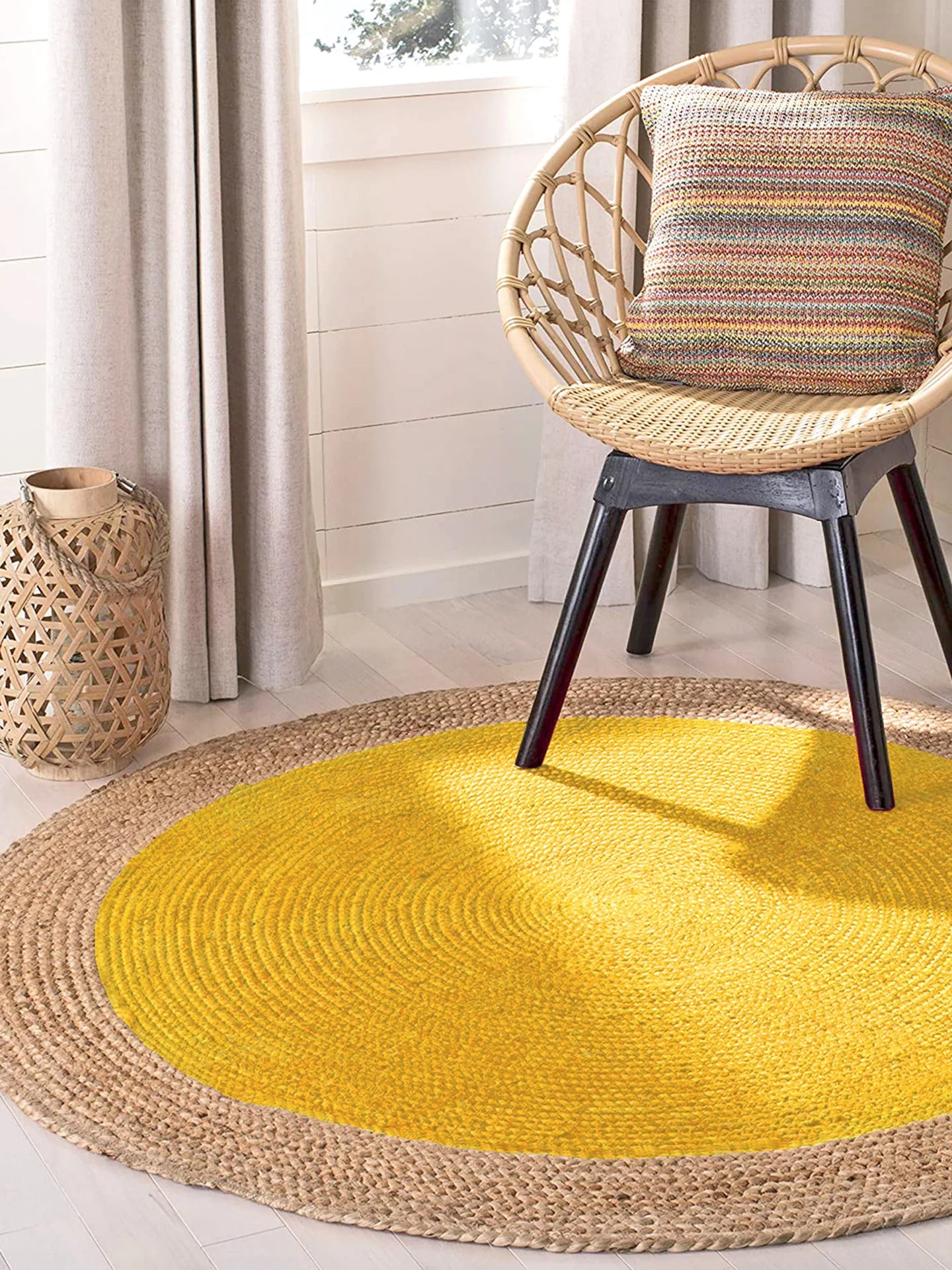 Handwoven Braided Round Jute Rug, Area Rug, Natural Reversible Rugs for Kitchen Living Room Entryway Eco Friendly Rugs: Yellow and Beige