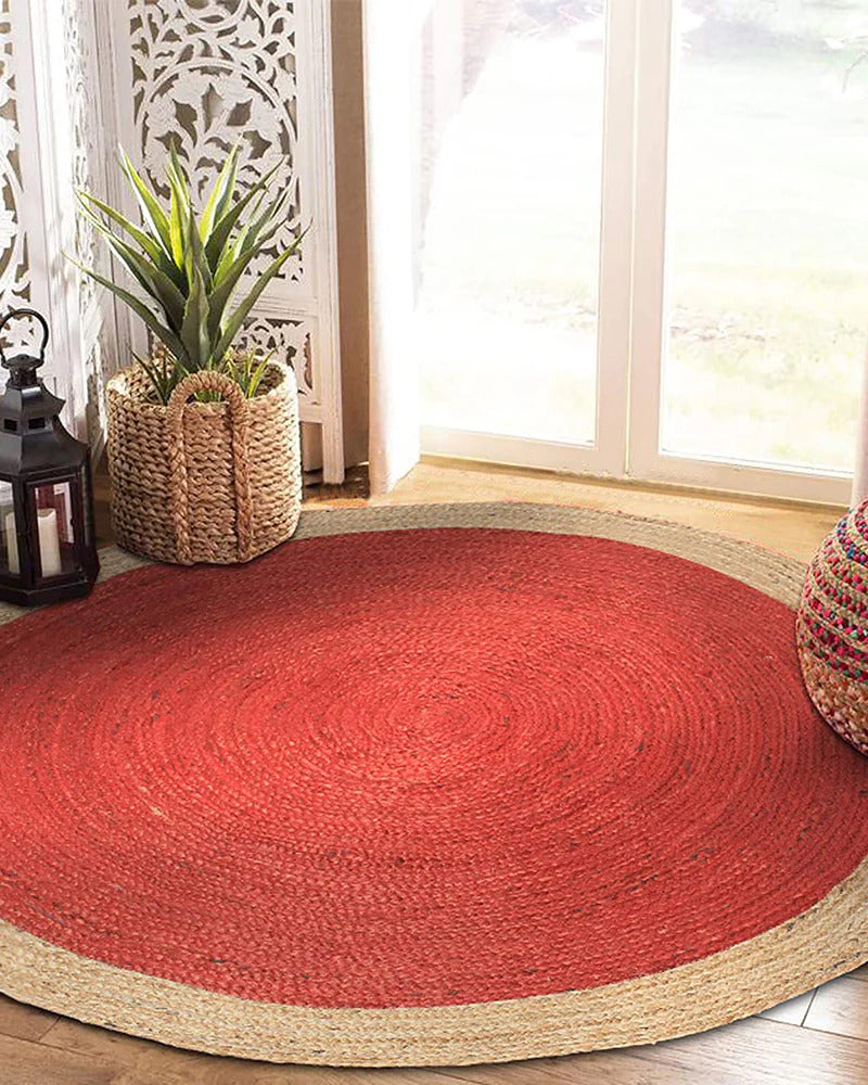 Handwoven Braided Round Jute Rug, Area Rug, Natural Reversible Rugs for Kitchen Living Room Entryway Eco Friendly Rugs: Red and Beige