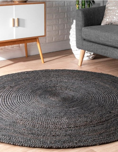 Handwoven Braided Round Jute Rug, Area Rug, Natural Reversible Rugs for Kitchen Living Room Entryway Eco Friendly Rugs: Dark Grey/ Black