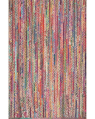 Durrie India Reversible Chindi Area Rug Cotton and Jute Handmade Braided Mat Multicolor Boho Accent Area Rugs