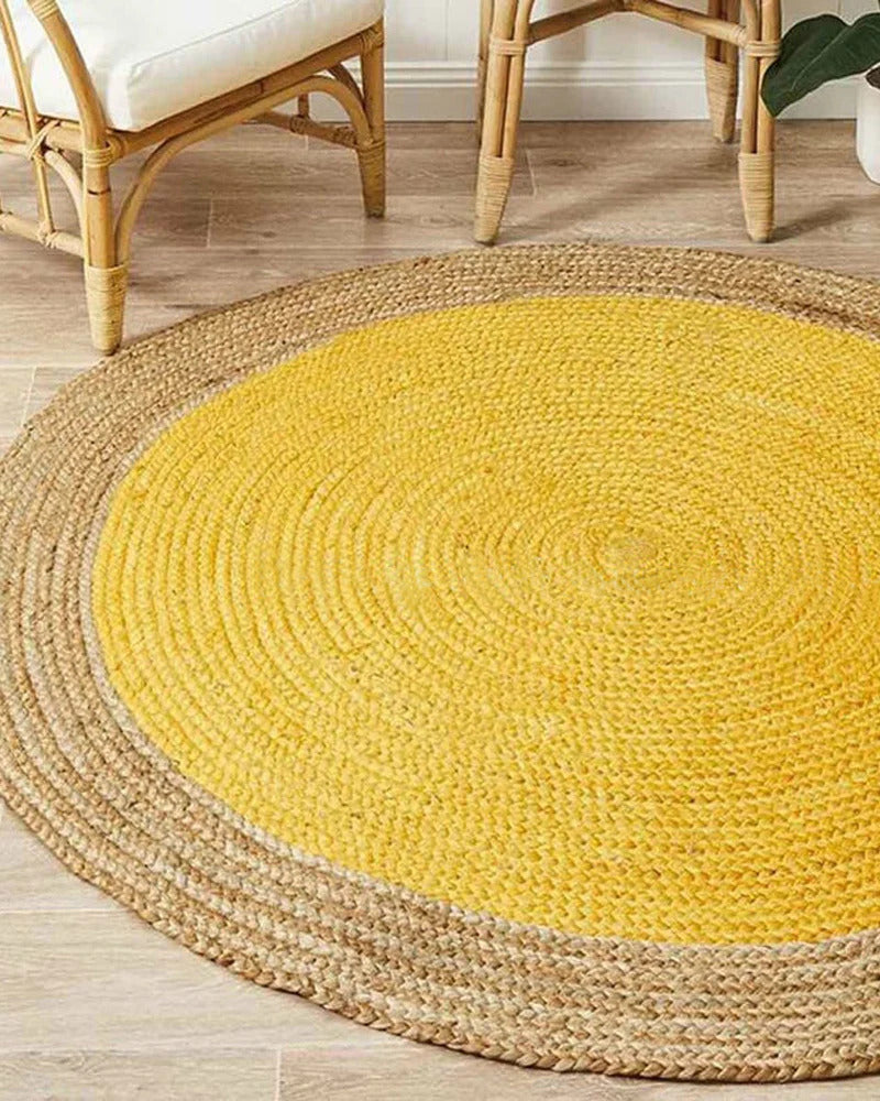 Handwoven Braided Round Jute Rug, Area Rug, Natural Reversible Rugs for Kitchen Living Room Entryway Eco Friendly Rugs: Yellow and Beige