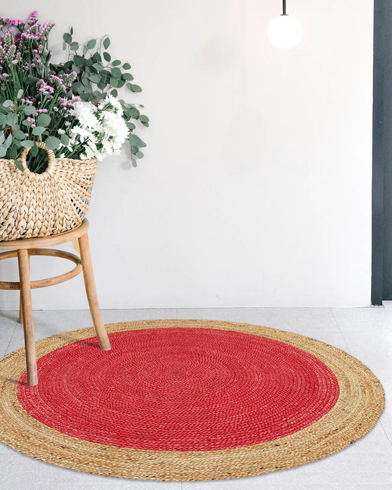 Handwoven Braided Round Jute Rug, Area Rug, Natural Reversible Rugs for Kitchen Living Room Entryway Eco Friendly Rugs: Red and Beige